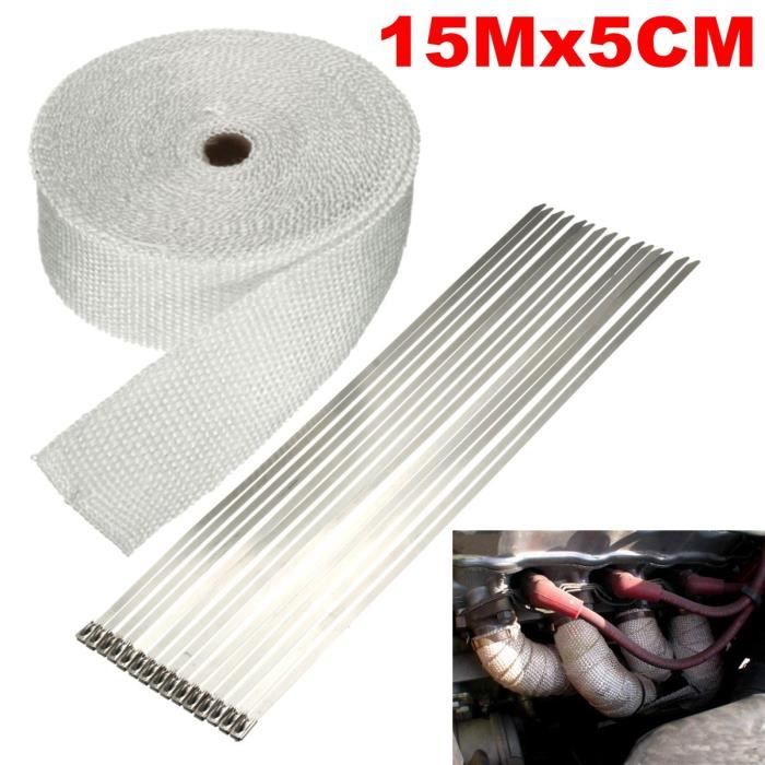 Bande Thermique Échappement Titane 2,5 Cm X 15 M + 6 Attaches - Isolation Chaleur Moto Voiture 1400°F