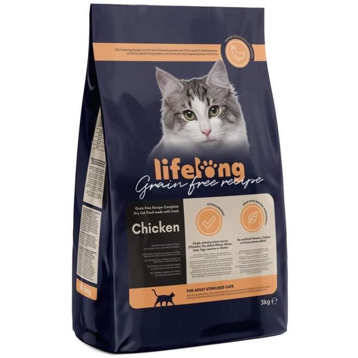Marque Amazon Lifelong Aliment Pour Chat Adultes Sterilises Sans Cereale Elabore Avec De La Viande Fraiche De Poulet 3 Kg Cdiscount