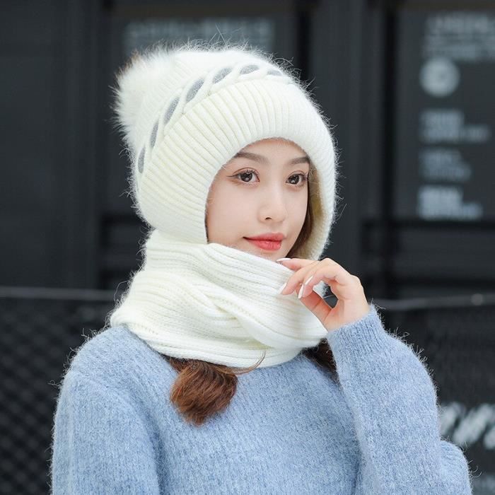 Casquette,Chapeau d'hiver tricoté chaud pour femme, écharpe épaisse en  peluche, chapeau intégré, - Type WHITE-56-60cm Elastic - Cdiscount  Prêt-à-Porter