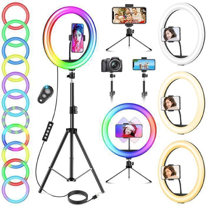 Anneau Lumineux RGB 10" Professionnel Avec Trépied - 35 Modes Couleurs, 3 Températures, 10 Niveaux Luminosité, Télécommande Bluetooth Pour TikTok YouTube Live
