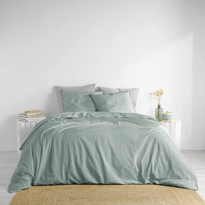 Parure de lit coton lavé Linette Sauge 240x220 cm - Vert d'eau - Douceur D'intérieur