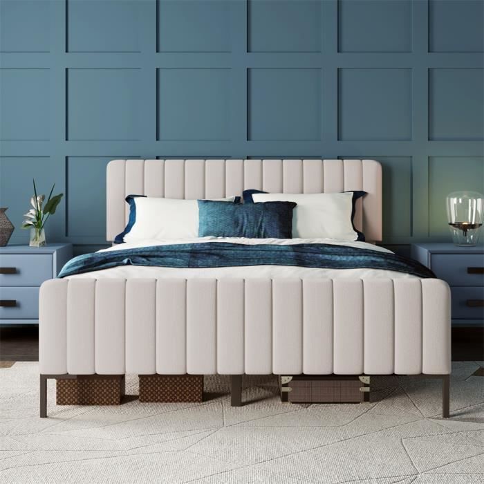 Lit Adulte 160x200cm, Lit Double En Lin Avec Dossier Moelleux, Lit Plat Avec Encadrement Rembourre Sommier A Lattes Tete De Lit Beige