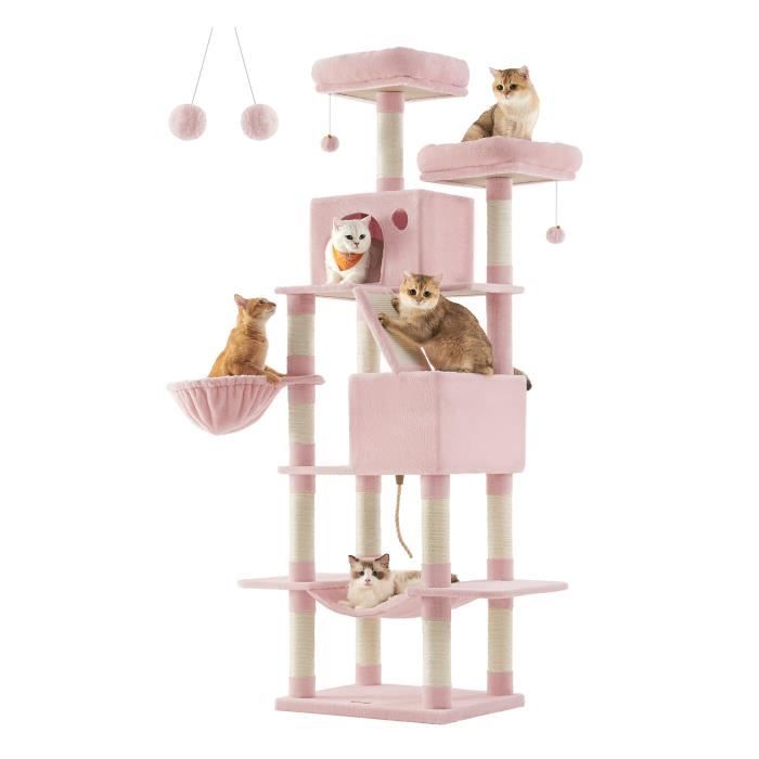 Arbre à Chat, Hauteur 206 cm, avec 13 Griffoirs, 2 Plate-forme, 2 Niches, Panier, Hamac, Pompon, Rose Bonbon