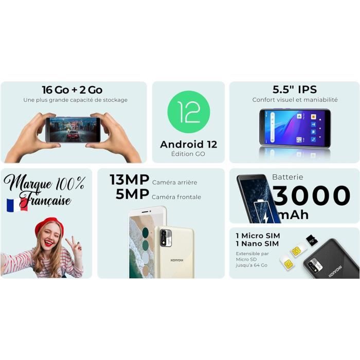 Konrow STAR 55 Smartphone 4G Double SIM Écran 5,45'' QHD Mémoire 16Go