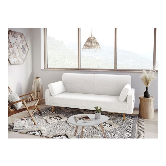 Canapé droit 3 places ELGA scandinave convertible en tissu bouclette - Blanc - L205 x P87 x H85cm - LOUNGITUDE