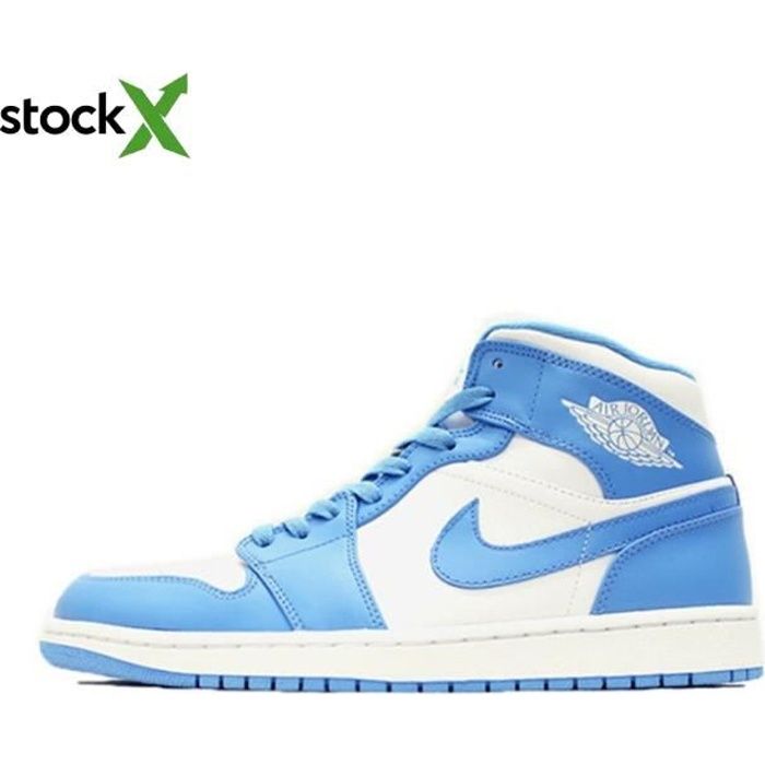 Baskets Nike Air Jordan 1 Mid Retro UNC 554724-106 - Hommes Femmes - Bleu - Cuir - Lacets Bleu 