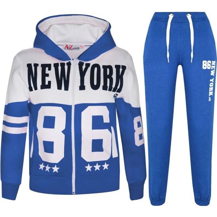 Enfants Filles Garcons Unisexe Survetement New York 86 Imprime Contraste Panneaux A Capuche haut et Bas Jogging Costume 5 13 Ans Bleu royal Cdiscount Pret a Porter