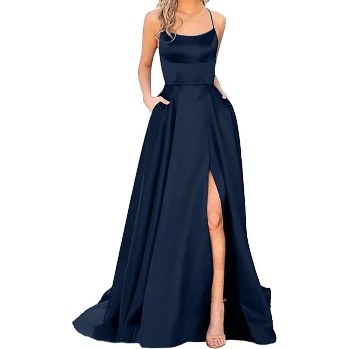 Robe De SoireE Grande Taille Femme Sexy Dos Nu Robe en Satin Fendue Maxi Robe Longue a Bretelles Spaghetti Chic Elegante Gala Canard Canard Cdiscount Pret a Porter