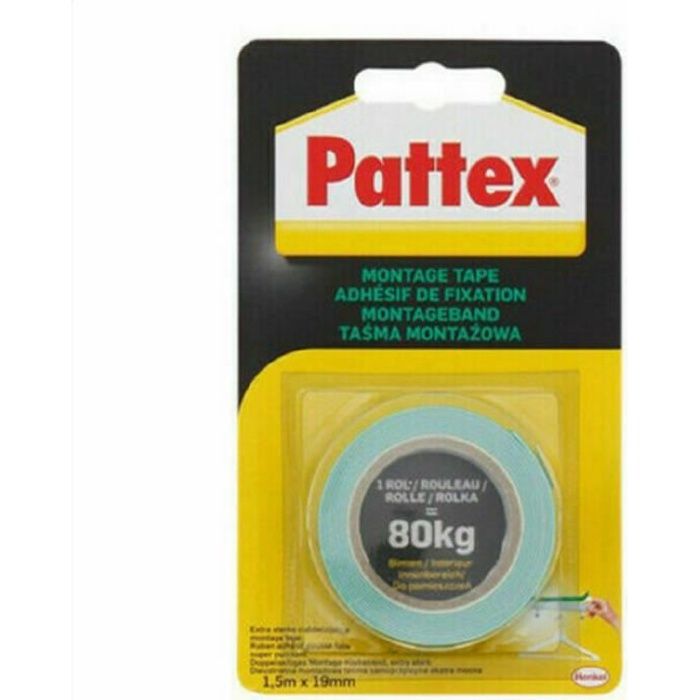 Pattex Ruban Double Face Adhesif d'assemblage Super Puissant 80 kg 1.5m x 19mm