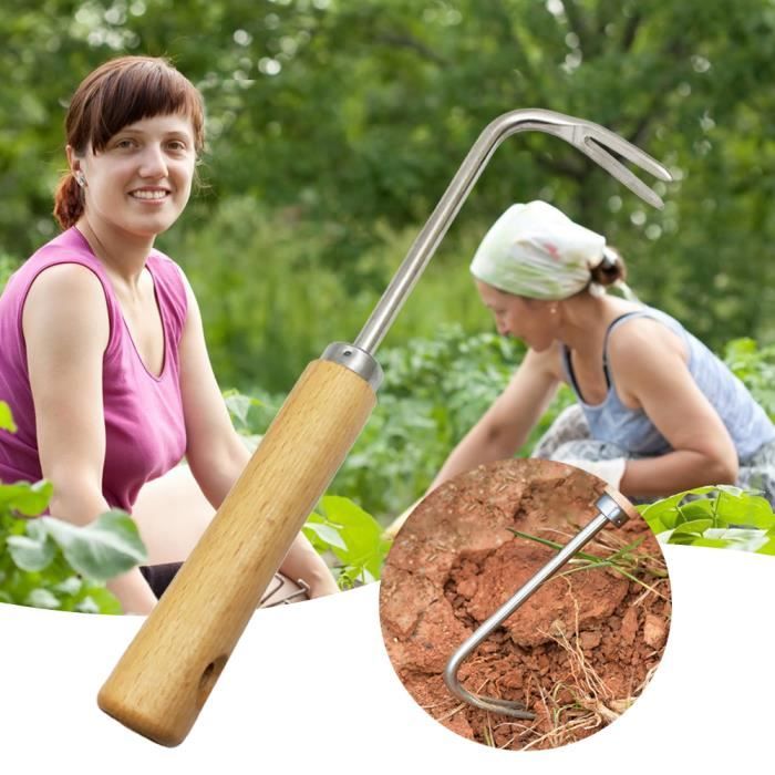Désherbeur Manuel En Acier Inoxydable Avec Manche En Bois - Outil à Crochet En V Pour Arracher Les Mauvaises Herbes Facilement