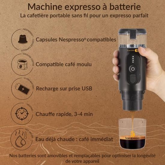 Cafetière à dosette ou capsule Handpresso Cafetière portable sur batterie  e-presso 21700 pour capsules nespresso ou café moulu