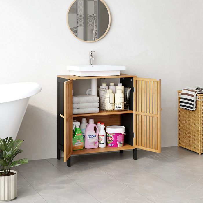 Meuble Sous Vasque Salle De Bain – Noir Et Bambou, 60x30x70 Cm, 2 Portes, Rangement Gain De Place