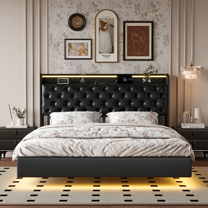 AOGLLATI Lit 140 x 190cm en Métal, Tête de Lit avec Éclairage LED et 3