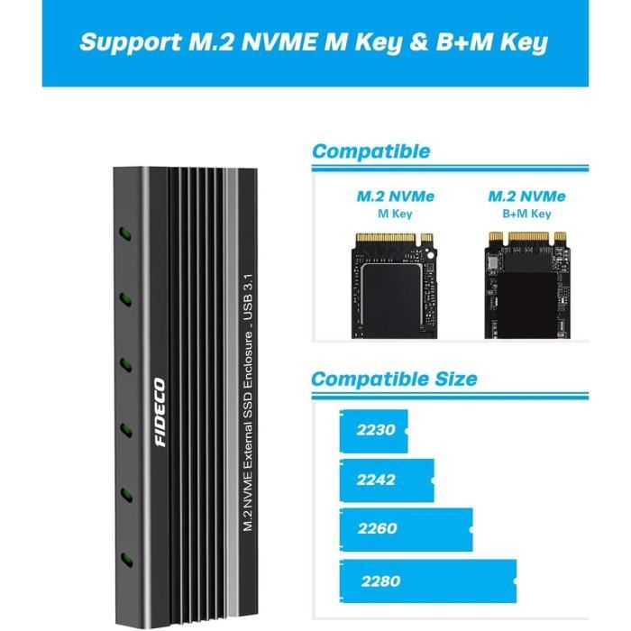 Boîtier SSD Externe M.2 NVME, FIDECO PCIe USB 3.1, 10Gbps Gen2 Boîtier  Externe de Adaptateur, Boîtier pour Disque Dur for M.2-Key - Accessoires disque  dur - Achat & prix