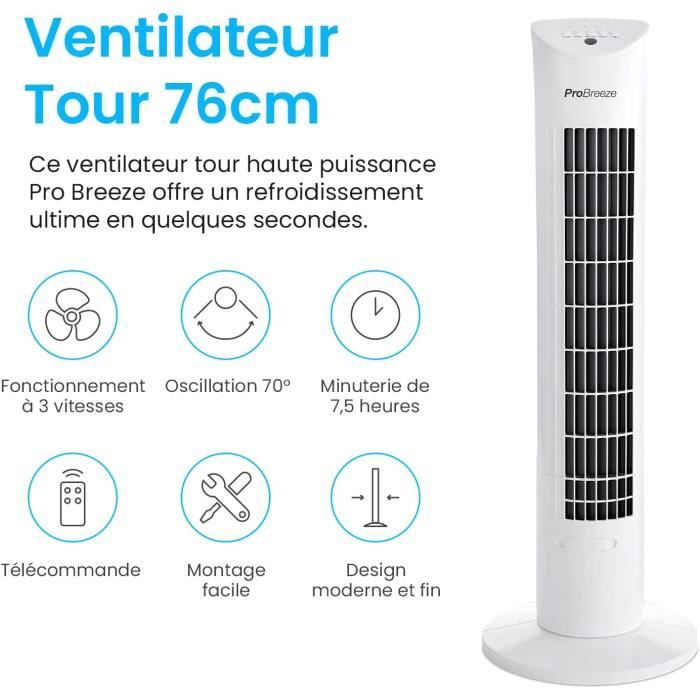 Ventilateur Tour Sans Pales Newlux W80 - 45W, 3 Vitesses, Oscillation 70°, Minuterie 120 Min, Moteur Cuivre - Blanc - 8