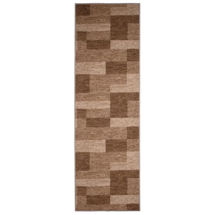 TAPISO Tapis Couloir Long Antidérapant 67x300 Cm – Marron Suède Géométrique Poils Ras