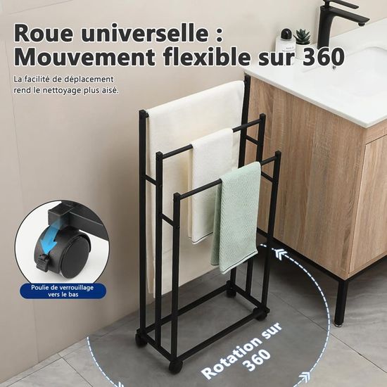 Porte-serviettes Sur Pied 2 Niveaux - Avec Roulettes - Acier Anti-rouille - Pour Salle De Bain, Buanderie, Piscine