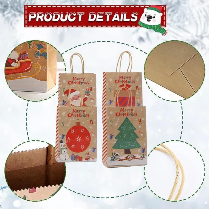 12 Sacs Cadeaux Noël Kraft – Lot Grand/Moyen/Petit Avec Poignée, 12 Motifs Festifs, Pochette Emballage Enfant Famille