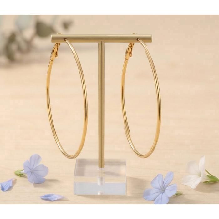 Boucles D'oreilles Créoles - Jonc Plaqué Or Jaune 750/1000 - 90 Mm - Bijouterie Papillon Bleu