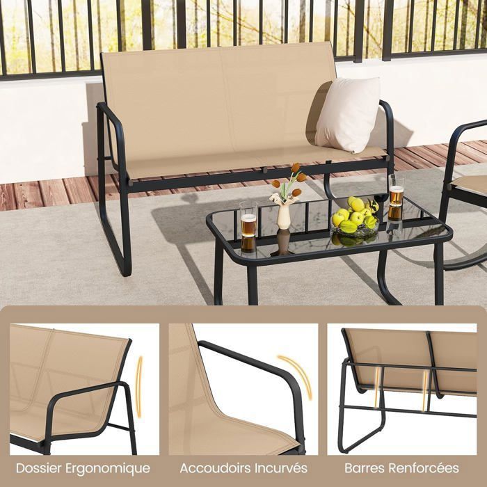 COSTWAY Salon De Jardin 4 Pièces - Table Verre Trempé, 2 Chaises Et Causeuse Tissu Respirant