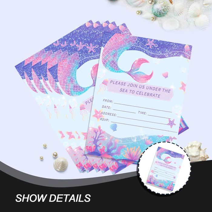 Cartes D'invitation Anniversaire Sirène - Lot De 12 Cartes + Enveloppes - Thème Océan Pour Filles