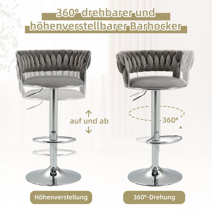 Lot De 2 Tabourets De Bar Lestarain – Pivotants 360°, Réglables 60-81 Cm, Velours Gris Clair Avec Dossier