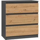 HUCOCO ASTER T3 - Commode de chambre 3 tiroirs - 77x70x40 - Meuble de rangement - Style Scandinave - Gris/Artisan 70x40x77