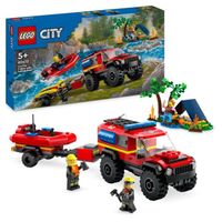 LEGO® 60412 City Le Camion de Pompiers 4x4 et le Canot de Sauvetage, Jouet avec Bateau, Remorque et Minifigurines