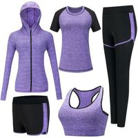 Survêtement à capuche Femme Ensembles d'entraînement 5 Pice Costumes de Sport Gym Yoga Athletisme Fitness Jogging Tenue,Violet