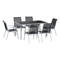 Ensemble de jardin 6 pers. 6 chaises empilables table plateau verre trempé 5 mm métal époxy gris textilène noir 150x90x72cm Noir