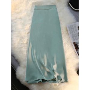 JUPE jupe longue noire en Satin de soie pour femmes,élégante,trapèze,fermeture éclair au dos,bande élastique,mode - green[B5968]