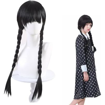 Perruque Wednesday Addams – Double Tresse Noire, En Fibre Résistante à La Chaleur, Ajustable, Pour Enfants Et Adultes
