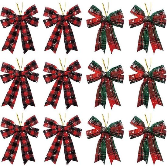 12 pièces Nœuds de Noël décorations d'arcs de Sapin de Noël Nœuds à Carreaux de Noël Décoratifs de Fêtes pour la décoration de Noël 