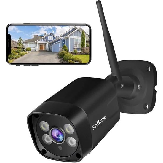Caméra de Surveillance WiFi Extérieure SriHome - Vision Nocturne Couleur - IP66 Etanche - 1296P - Noir