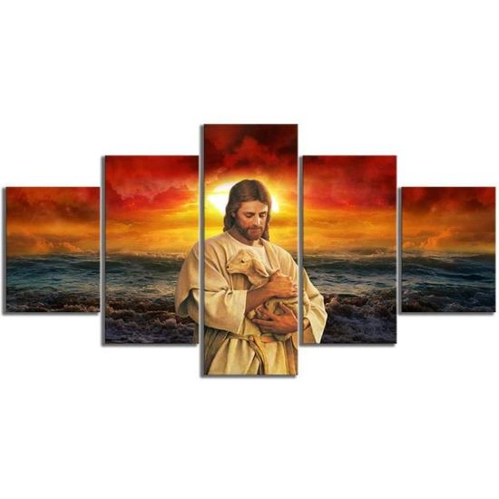 5 Pièces Toile Peinture ,Décoration De Maison Moderne,Affiche De Jésus Religieux,avec Cadre 150x80cm[267]