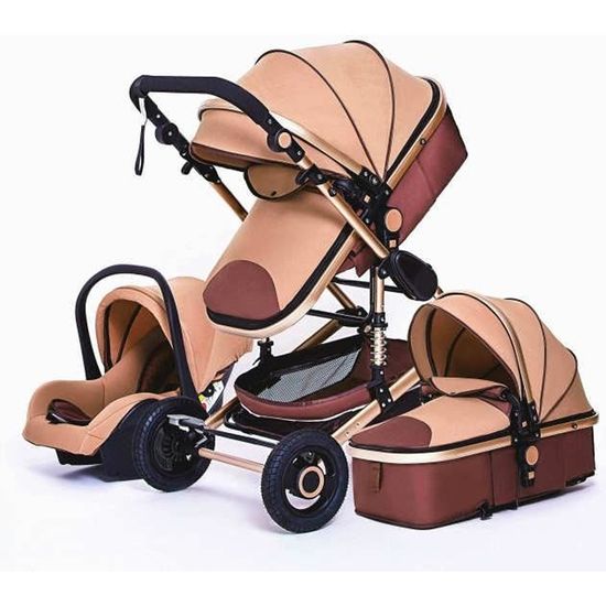 Poussette Bébé Combinée Trio Pack 3 en 1 Marron Chassis Haut a Absorption de Chocs Pliable Siege Auto Réversible Roues Increvables