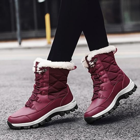 Bottes mi longues decontractees en coton chaud Rouge GJ Femme Talon plat Lacets Rouge Cdiscount Chaussures