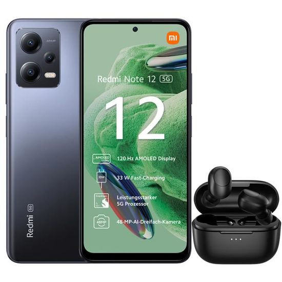 XIAOMI Redmi Note 12 5G 128Go 4Go Smartphone Snapdragon® 4 Gen 1 6,67" Caméra 48MP 5000mAh Gris Avec Écouteur sans fil
