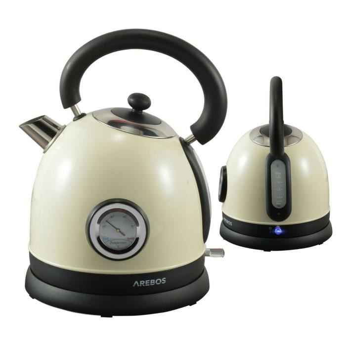 AREBOS Bouilloire à Eau à Thé Acier Inoxydable Thermométre Rétro Crème 1,8L 3000W