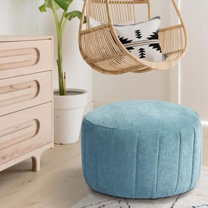 FURNISH1 AKBAR LARGE - Canapé Tabouret 1 place - Pouf Tabouret Rond en tissu bleu clair - Style Moderne - 60 x 60 x H40cm