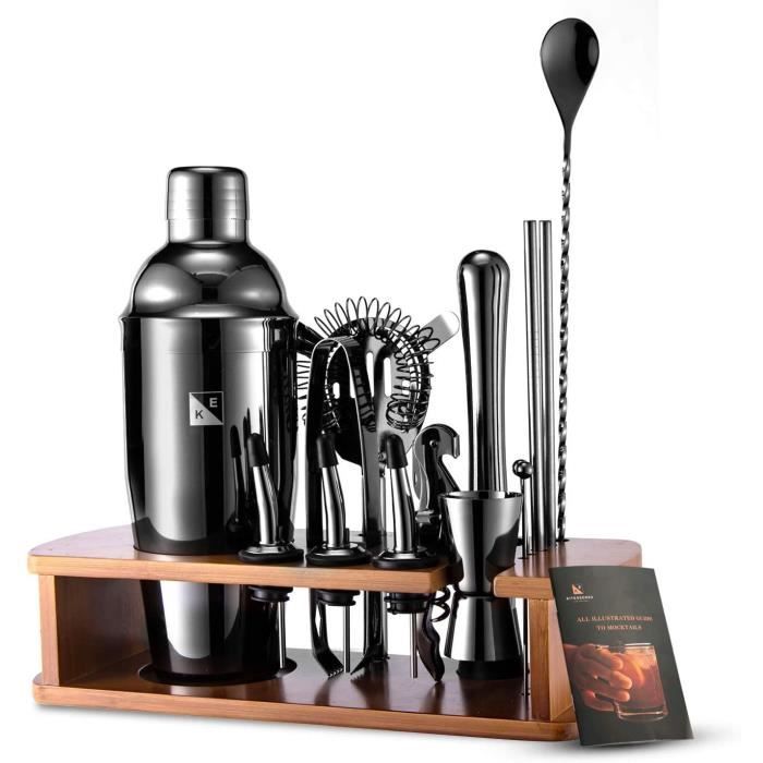 KITESSENSU Ensemble de Shaker à Cocktail de Barman avec Support - Bar Kit Mélangeur de Boissons pour mélanger des Boissons - Ou A124