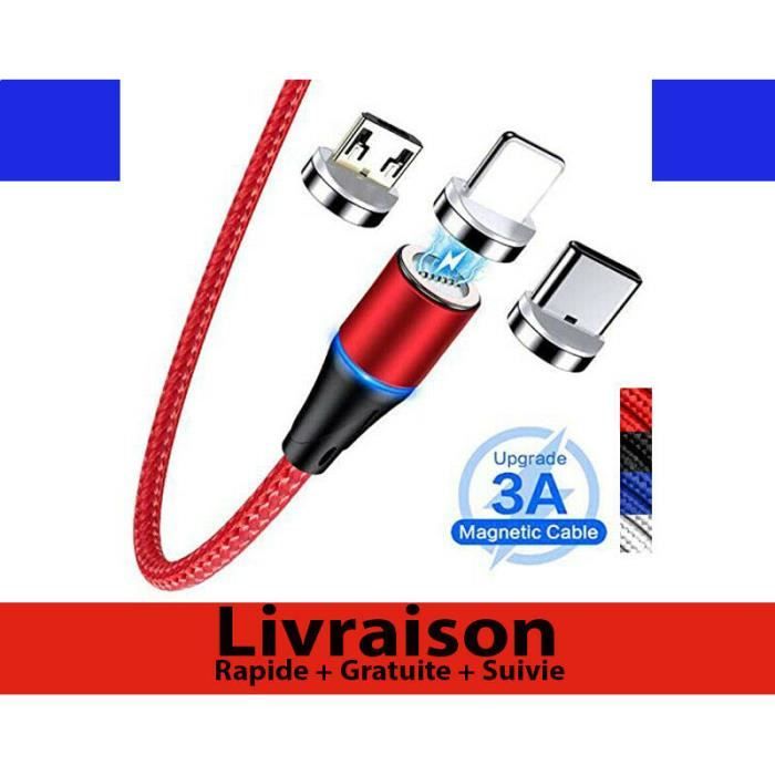 Câble USB Cordon Chargeur Magnétique LED pour Type - C + Micro USB + iPhone (Argent)