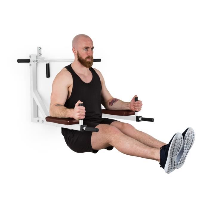 Klarfit Bouncer MultiGym Barre de traction et dips - station de musculation 8 positions - charge 200 kg - acier blanc & cuir marron