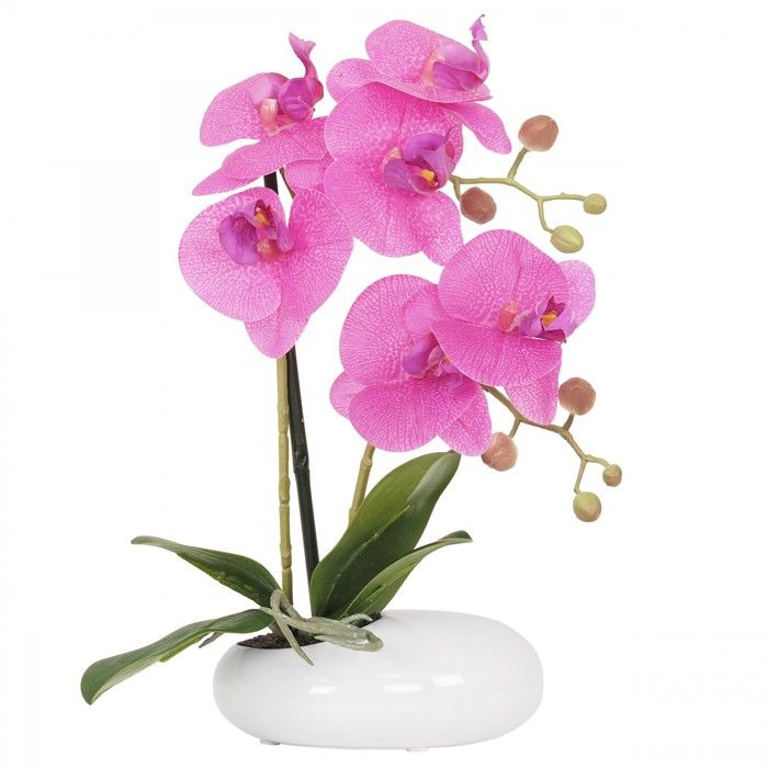 Orchidée fuchsia artificielle en coupe céramique blanche 36 cm, composition fleurie artificielle, Ligne Déco