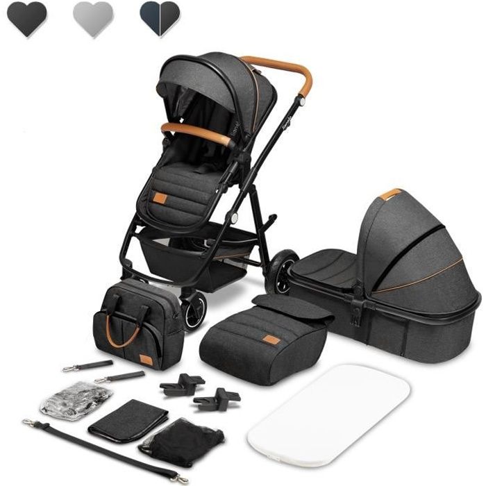 LIONELO Pack duo Poussette 2en1 bébé Amber avec nacelle sac et accessoires - Gris