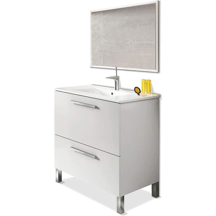 Meuble salle de bain 80 cm + 1 Miroir coloris blanc brillant - Longueur 80 x Hauteur 80 x Profondeur 45 cm