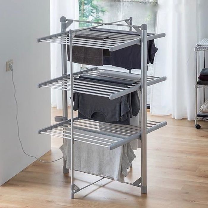 MODEZVOUS - Sechoir Electrique Chauffant - Etendoir pour Linge - Acier Inoxydable - Pliable - 3 Etages - 36 Barres 300 Watts