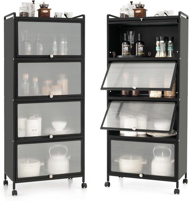 GIANTEX Buffet de Cuisine à 5 Étages- avec 4 Portes Escamotables+ 4 Roulettes- Meuble de Rangement pour Salon/Salle de Bain- Noir