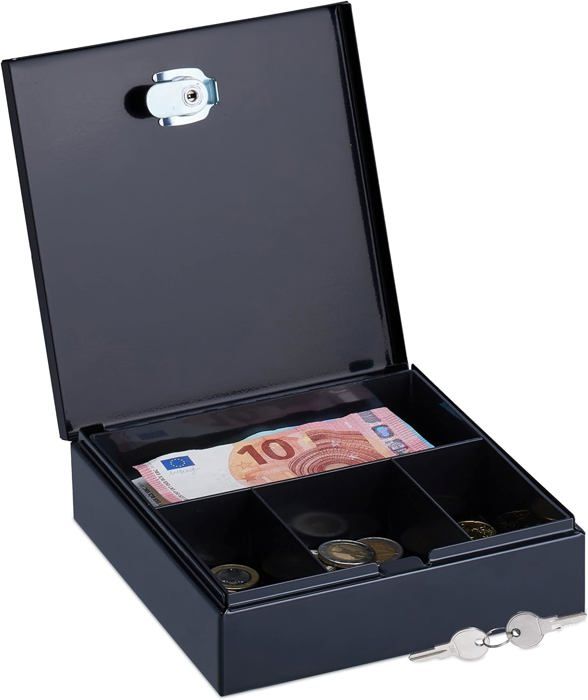 Noir Caisse à Monnaie, Verrouillable, Acier, 2 Clés, Pièces Et Billets