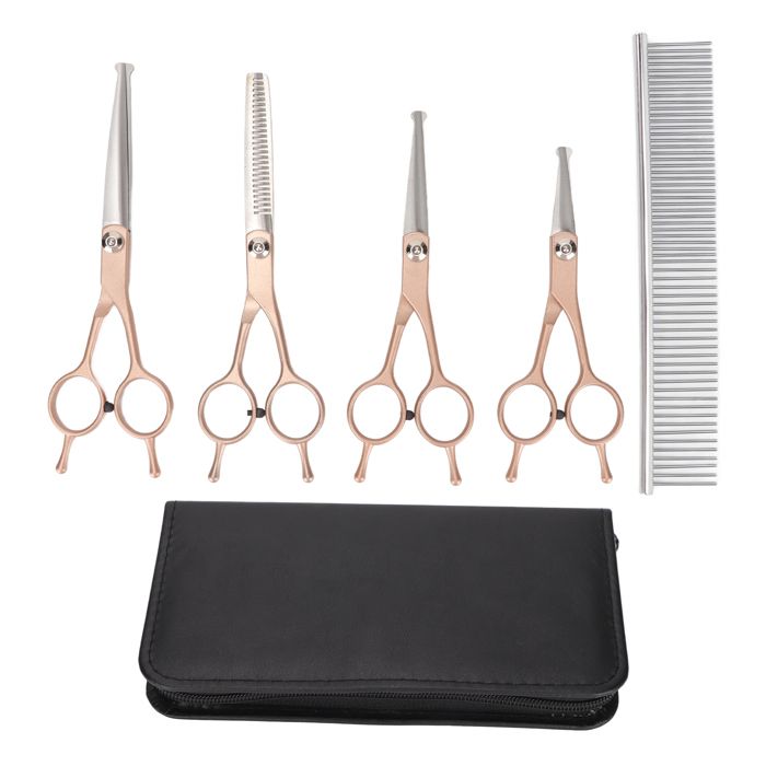 Meilleurs prix pour Kit de 5 ciseaux de toilettage pour chien, en acier inoxydable, pointes rondes sûres pour animaux de compagnie